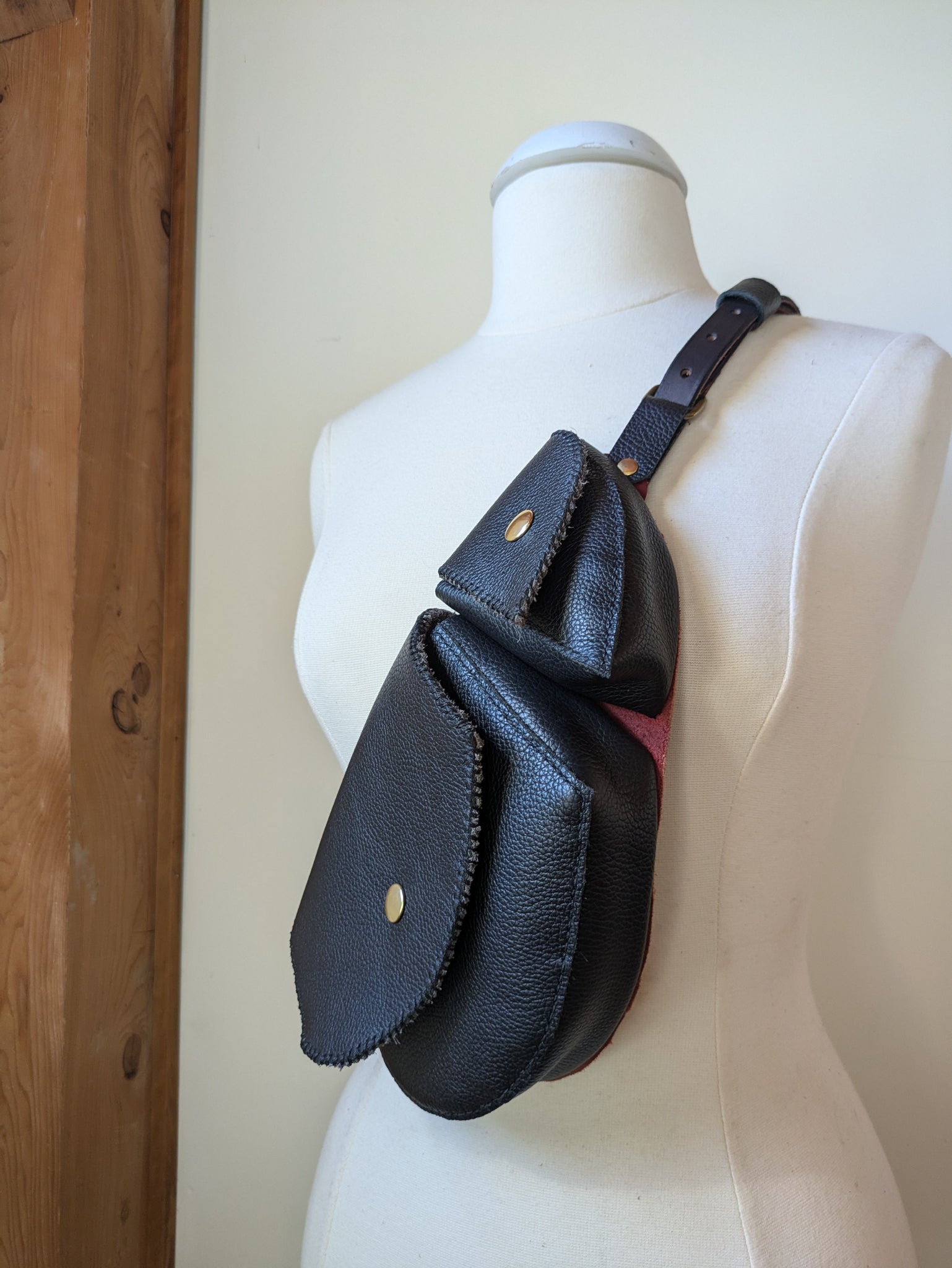 Leather Crossbody Bag: Black with Red Accents