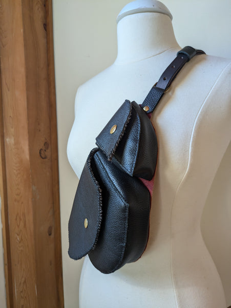Leather Crossbody Bag: Black with Red Accents