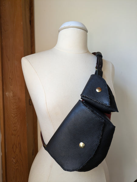 Leather Crossbody Bag: Black with Red Accents