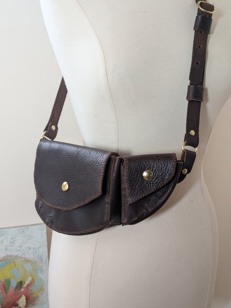 Leather Hip and Shoulder Bag: Chocolate Brown with Navy Blue Suade and Brass Hardware