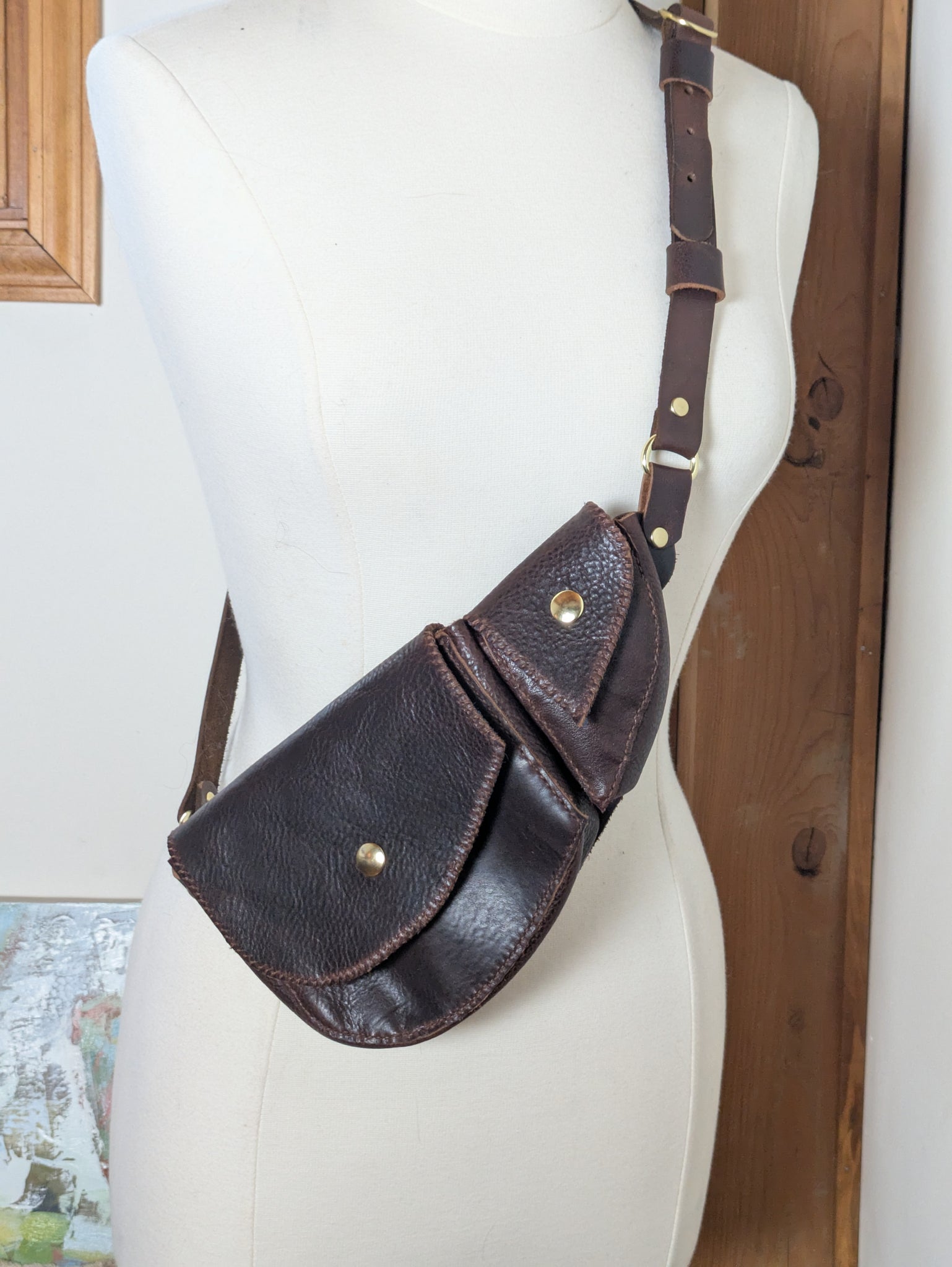 Leather Hip and Shoulder Bag: Chocolate Brown with Navy Blue Suade and Brass Hardware