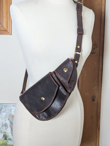 Leather Hip and Shoulder Bag: Chocolate Brown with Navy Blue Suade and Brass Hardware