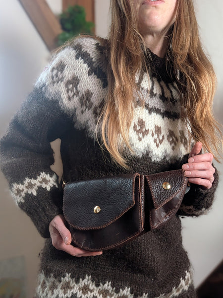 Leather Hip and Shoulder Bag: Chocolate Brown with Navy Blue Suade and Brass Hardware