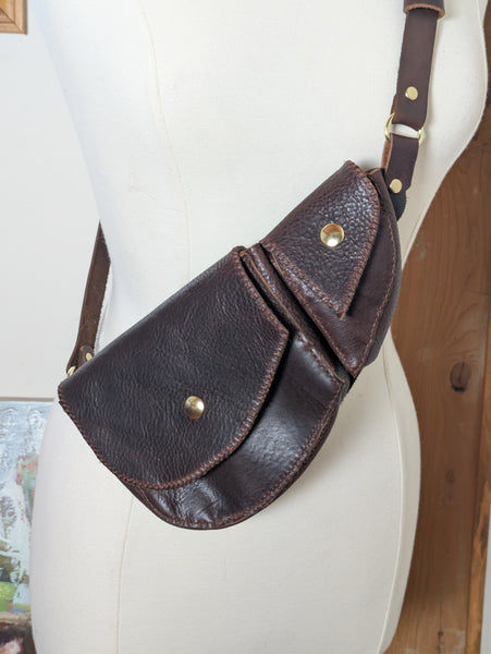 Leather Hip and Shoulder Bag: Chocolate Brown with Navy Blue Suade and Brass Hardware